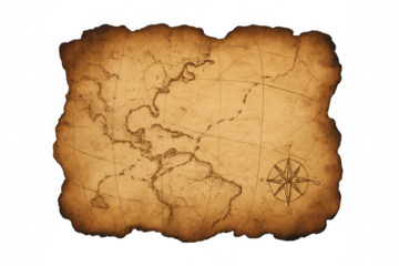 Ancient treasure map displaying continents and a compass rose, symbolizing adventure and discovery on old paper