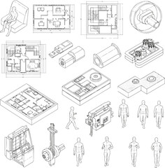 Naklejka premium Isolated a kinds of deferent CAD Drawings. Set people outlines isolated on grey background. Sitting, walking, running. Top view. vector art with white background.