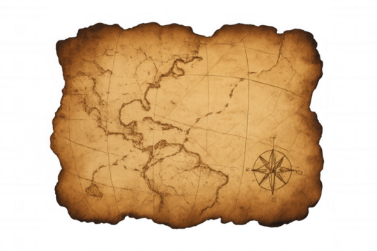 Ancient treasure map displaying continents and a compass rose, symbolizing adventure and discovery on old paper