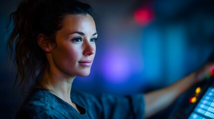 A woman technician focuses intently while operating a complex digital control panel in a futuristic high tech environment