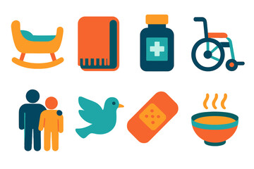 Caregiver Icon Set. Caregiver flat icon set. cradle, blanket, medicine bottle, wheelchair, supportive figure, dove, bandage, warm soup bowl.