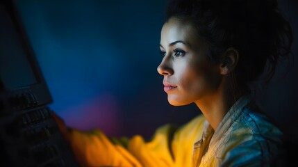 A focused woman technician works intently at a futuristic digital control panel under dramatic studio lighting