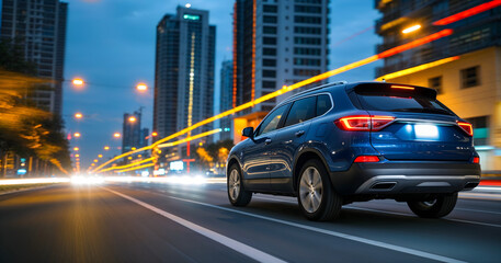 Fototapeta premium SUV vehicle driving down a street lined with high-rise buildings wheels and buildings are with motion blur in yellow, orange and red light streaks generative AI