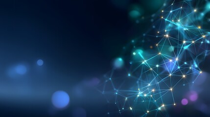 Futuristic glowing cryptocurrency network with neon cyan and green nodes on a dark blue gradient background, symbolizing blockchain technology, innovation, and digital finance.