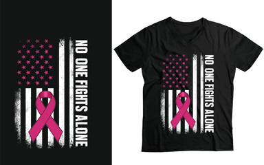 "No One Fights Alone" T-Shirt | Distressed American Flag Pink Ribbon Awareness Tee