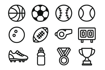 Sports Icons Collection. Sports ball drop outline set. basketball, soccer ball, baseball, tennis ball, bowling ball, football, whistle, scoreboard, shoe, water bottle, medal