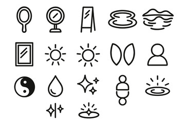 Reflective Mirror Symbols. Mirror symbols outline set. hand mirror, round mirror, standing mirror, pond reflection, lake reflection, glass pane, glowing reflection, radiant circle