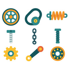 Minimal Tensioner Icons. Basic Tensioner flat icon set. pulley wheel, belt, chain, spring, adjusting screw, gear, lever, bearing.