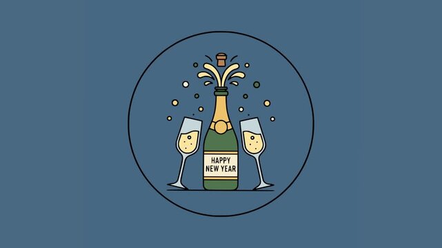 New Year party illustration with exploding champagne bottle and wine glasses surrounded by colorful bubbles on dark background