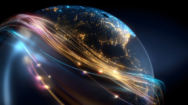 Futuristic holographic globe with glowing financial data streams, golden cyan gradient light, and digital particles representing global finance innovation and trust.