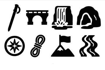 Brutalist Expedition Icons. Expedition silhouette set. hiking stick, bridge, waterfall, cave, compass rose, climbing rope, summit flag, river.
