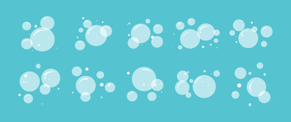 Soap water bubble icon, cartoon foam bath. Sea drop, carbonated air, wash laundry pattern. Shampoo suds, soda splash drink, oxygen effect. White fizzy ball on blue bg. Abstract vector illustration