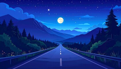 Winding road at night through mountains