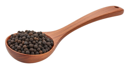 Isolated wooden spoon filled with fragrant black peppercorns for cooking and flavoring