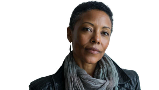Close up portrait of a confident woman with short hair wearing a scarf isolated on transparent background