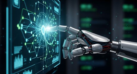 Advanced robotic hand interacting with glowing futuristic digital interface showing complex network of glowing nodes and connections signifying ai data processing