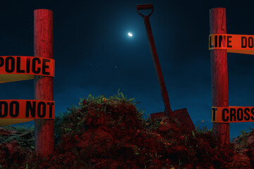 Obraz premium 3D rendering of a shovel between wooden posts with police line, stuck in a dug-up mound of earth at night