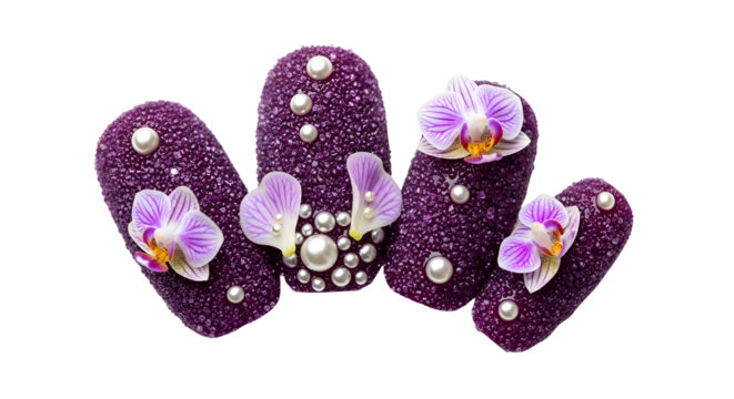 Luxury purple nail art design with glitter texture, pearls, and orchid flowers isolated on white.