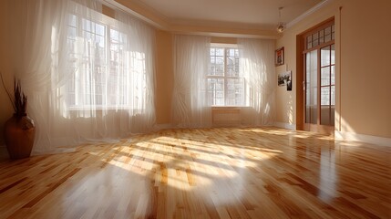 Obraz premium Empty, spacious room with light beige walls and a beautiful light oak floor. Soft, diffused light from a large window creates a calm, airy feel.
