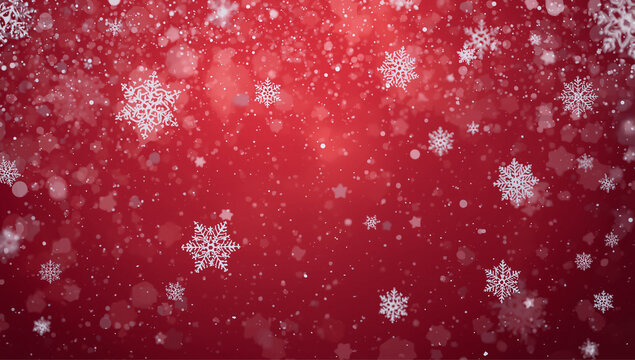 A red winter background with glowing snowflakes, soft lights, and sparkly stars that feel festive and magical