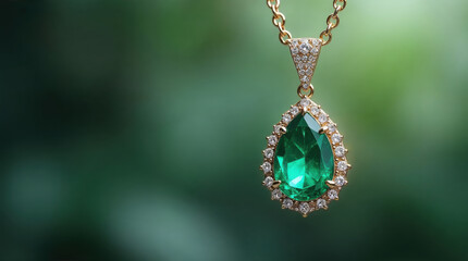 Fototapeta premium Luxury gold necklace with an elegant pear shaped emerald jewel. beautiful romantic aesthetic with sparkling diamond