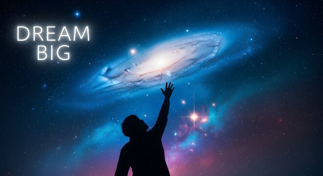 Artistic motivational poster of a person reaching toward the stars under a galaxy sky, dreamy blue tones and upward composition symbolize ambition.