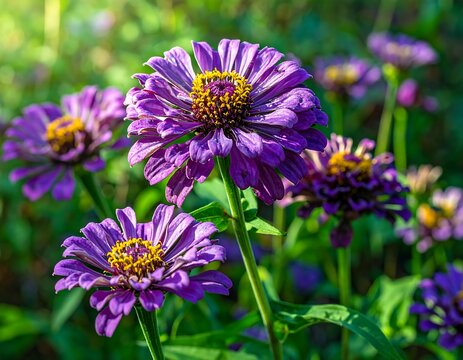 Vibrant purple zinnias in sunlight