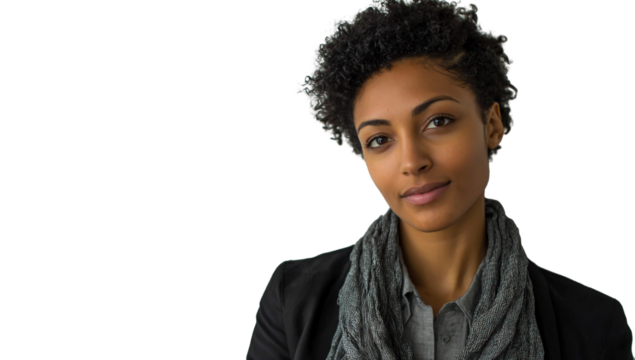 Portrait of a confident young black woman with short curly hair wearing a scarf and blazer isolated on transparent background