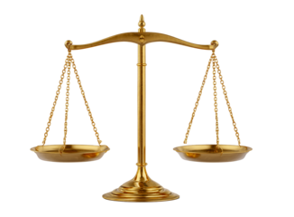 Golden antique justice scales symbol of law and balance isolated on transparent background