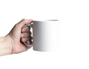 Hand Holding White Ceramic Mug Mockup — Transparent Background