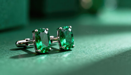 Elegant luxury cufflink with stunning emerald jewel. beautiful green fashion accessory with sophisticated aesthetic