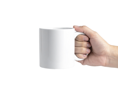 Hand Holding White Ceramic Mug Mockup — Transparent Background