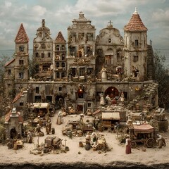 Naklejka premium A highly detailed miniature historical village diorama featuring intricate buildings bustling market scenes and numerous figures engaged in daily