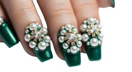 Luxury emerald green long nails decorated with beautiful white pearls and glitter gems on white background