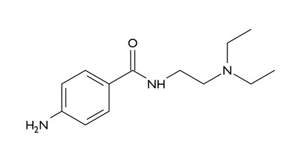 procainamide molecule, structural chemical formula, ball-and-stick model, isolated image antiarrhythmic drug