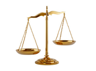 Antique brass justice scales of balance symbol of law and fairness isolated on transparent background
