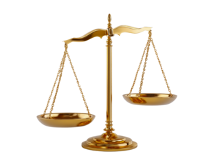 Antique brass justice scales of balance symbol of law and fairness isolated on transparent background