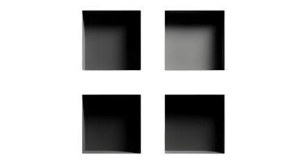 Four black 3D empty square display boxes or niches isolated on white background