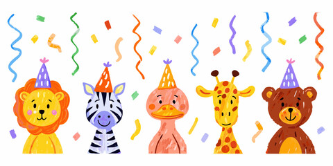 Cute cartoon animals wearing party hats and celebrating with confetti and streamers