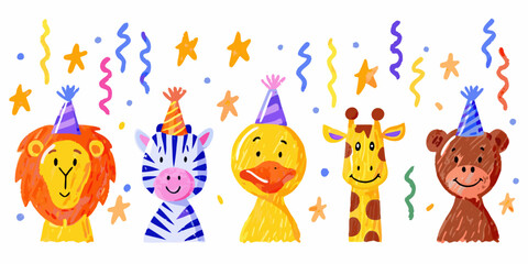 Cute cartoon animals wearing party hats celebrating with confetti and stars