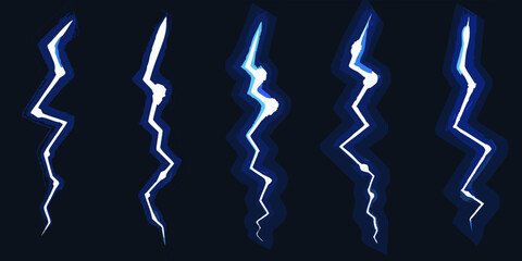 Collection of five stylized electric lightning bolts on a dark blue background