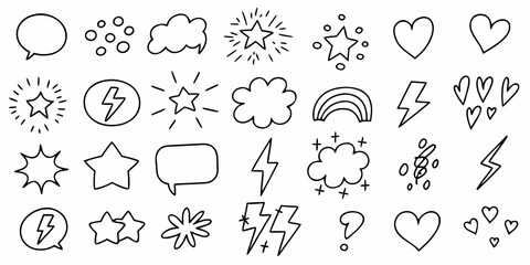 Collection of hand drawn doodle icons including stars hearts clouds lightning bolts speech bubbles and rainbows
