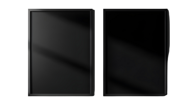 Blank vertical black tablet screens or technology panels isolated on white background