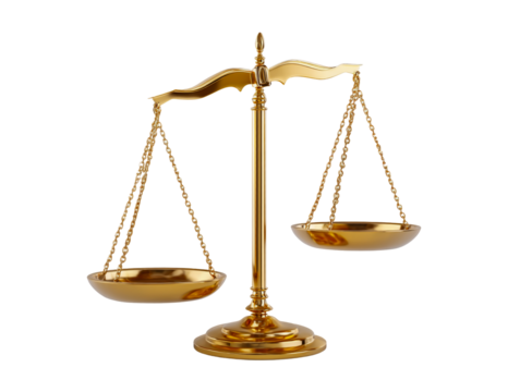 Antique brass justice scales of balance symbol of law and fairness isolated on transparent background