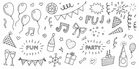 Collection of hand drawn doodle elements for parties and celebrations including balloons confetti gifts and cake