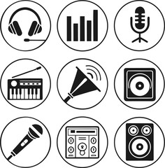 music, audio, studio, icon, set, glyph, silhouette, sound, production, recording, dj, broadcast, radio, podcast, concert, festival, live, performance
