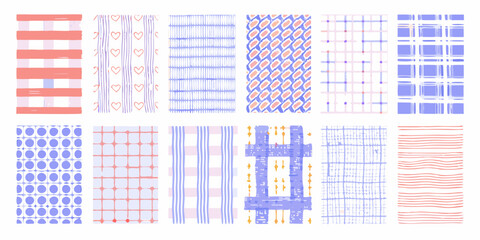 Collection of hand drawn seamless patterns with geometric shapes and stripes in pastel colors