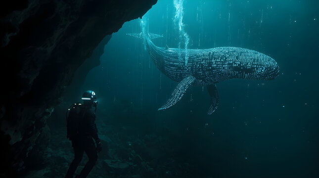 Deep Sea Diver Encountering a Luminous Digital Wireframe Whale Hologram