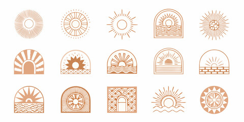 Collection of boho sun and arch designs with ocean waves and geometric patterns