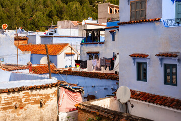 View from above of the houses of Chefchaouen, Morocco. The blue city
